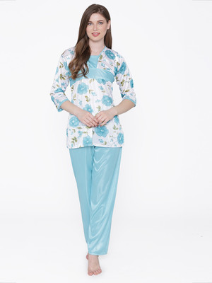 ROWENA Women Printed, Solid Light Blue Top & Pyjama Set