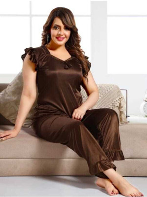 PK Fashion Women Solid Brown Top & Pyjama Set