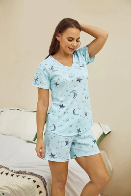 HouseOfCommon Women Printed Light Blue Night Suit Set