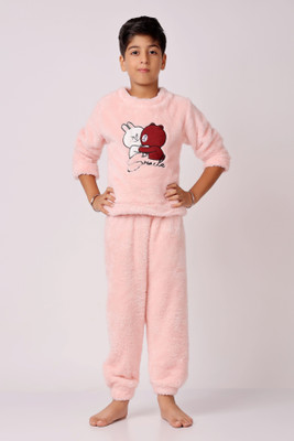 FitIn OutFit Boys Solid Pink Night Suit Set