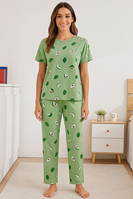 XPIOX Women Printed Green Night Suit Set