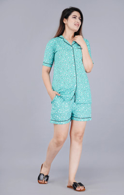 MintMarie Women Printed Light Green Top & Shorts Set