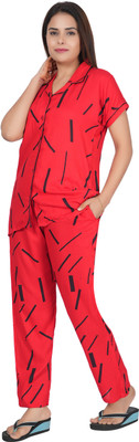 INSTRY Women Applique Red Night Suit Set