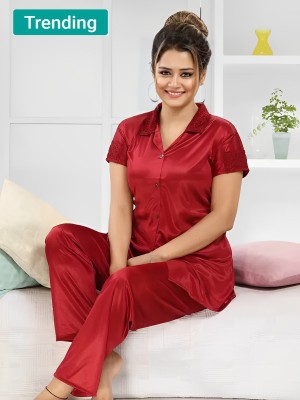 LRT Women Self Design Maroon Shirt & Pyjama set