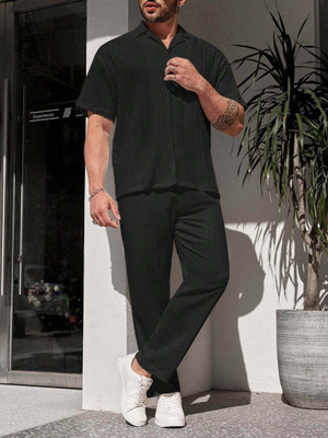 MAA UMA Men Solid, Striped Black Night Suit Set