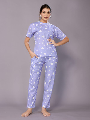 Soor Panchi Women Printed Purple, White Night Suit Set