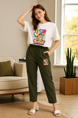 Elvia Women Printed Green, White Top & Pyjama Set