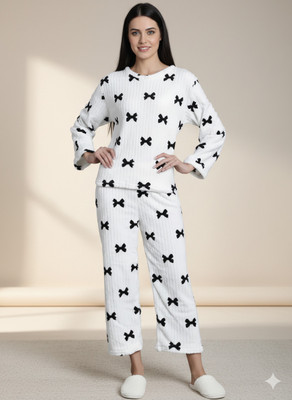 ELIstyles Women Floral Print, Self Design White Night Suit Set