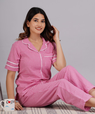 Ameerah Women Checkered Pink Shirt & Pyjama set