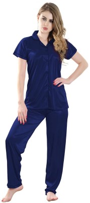 Playloungewear Solid BLUE Shirt Women Solid Blue Night Suit Set