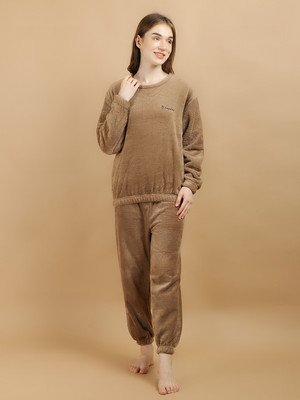 Cut Style Clothing Women Solid Brown Top & Pyjama Set