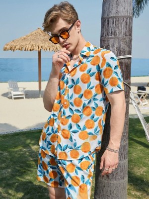 venslooks Men Printed Orange Night Suit Set