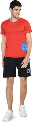 Eleven Men Graphic Print Red, Black Top & Shorts Set