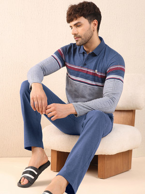 SWEET DREAMS Men Striped Dark Blue Top & Pyjama Set