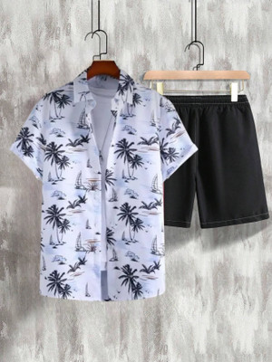 OLCHEESS Men Printed White, Black Top & Shorts Set