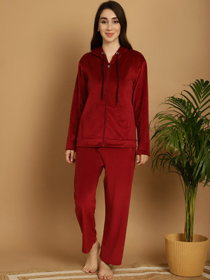 VALLES365 by S.c. Women Solid Maroon Night Suit Set