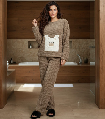 BLUELOCK Women Self Design Brown Night Suit Set