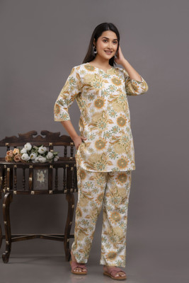 Krishna Vastrram Women Floral Print Yellow Night Suit Set