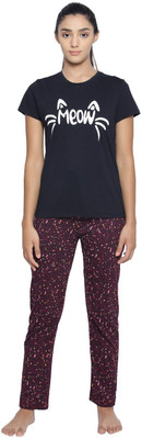 Ariel Women Printed Black, Purple Top & Pyjama Set