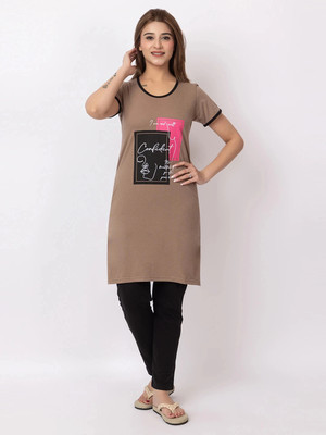GEE 5 Women Printed Beige, Black Top & Pyjama Set