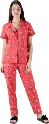 LABEL MY Women Printed Red Top & Pyjama Set