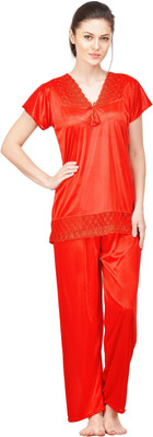 Boosah Women Solid Red Top & Pyjama Set