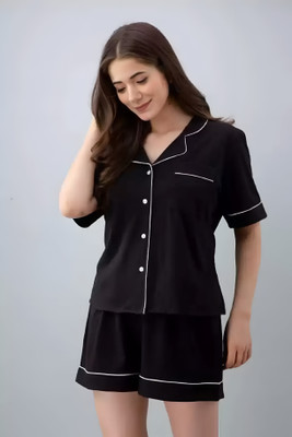 HSINTERNATIOAL Women Solid Black Night Suit Set