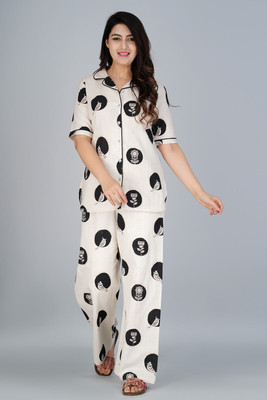 DAMMODE Women Animal Print Black, White Shirt & Pyjama set