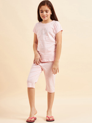 SWEET DREAMS Girls Printed Pink Top & Capri Set