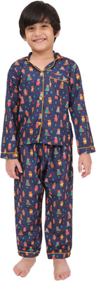 Biglilpeople Boys & Girls Printed Blue Shirt & Pyjama set