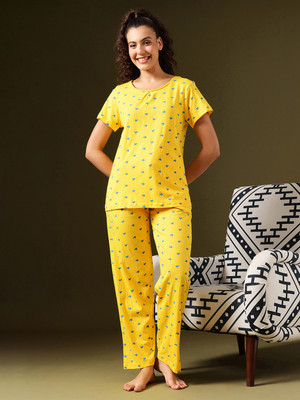 Clovia Women Floral Print Yellow Top & Pyjama Set