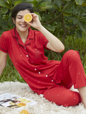 ZEYO Women Solid Red Shirt & Pyjama set