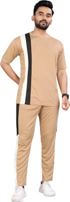 NISPRUH Men Self Design Beige Night Suit Set