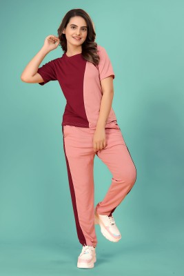 DADX Women Colorblock Pink, Maroon Top & Pyjama Set