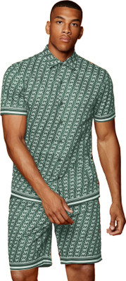 Shienzy Men Printed Green Night Suit Set