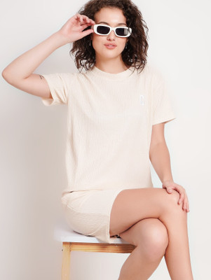 Stem Rope Women Solid Beige Top & Shorts Set