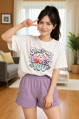 Elvia Women Printed Purple Top & Shorts Set