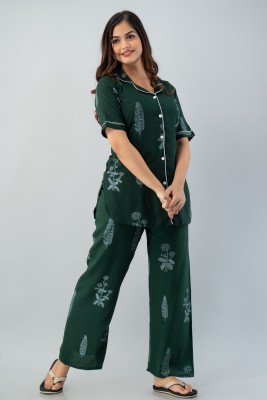 PINGALA Women Striped Green Night Suit Set