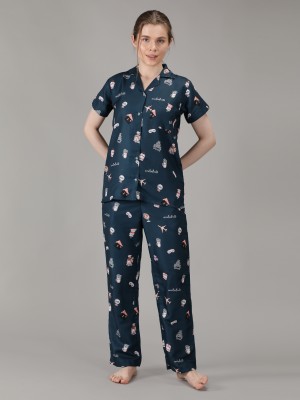 HouseofComfort Women Printed Blue, Brown, Multicolor Shirt & Pyjama set