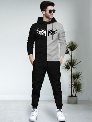 BLIVE Men Printed, Colorblock Black, Grey Night Suit Set