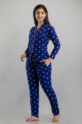 CLOTHING CULTURE Women Printed Dark Blue Shirt & Pyjama set