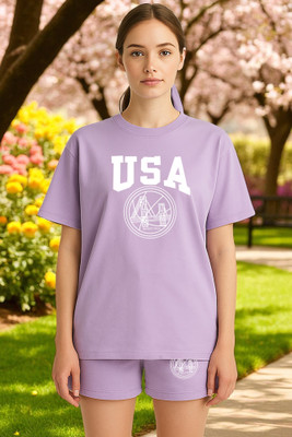 Elvia Women Printed Purple Top & Shorts Set