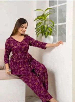 Valvet Women Solid Purple Night Suit Set