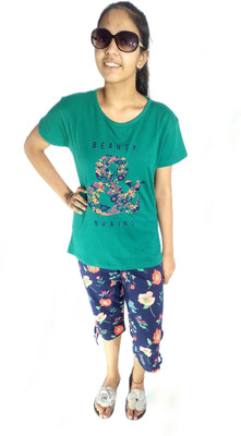 Garima Fashion Women Printed Dark Green, Green Top & Capri Set