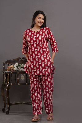 Krishna Vastrram Women Printed Orange Night Suit Set