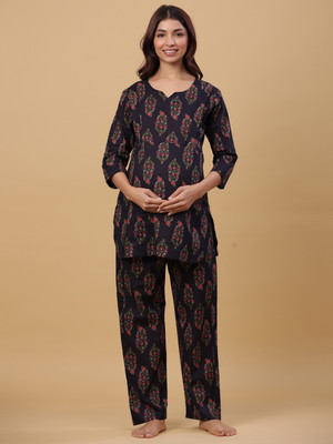 Crafiqa Women Printed Black Night Suit Set