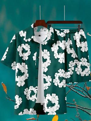THEBROSSCO Men Floral Print Green Top & Shorts Set