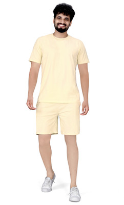 Qosha Men Solid Beige Night Suit Set