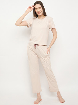 Camey Women Solid Beige Top & Pyjama Set
