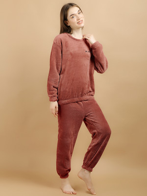 Lugo Women Solid Red Night Suit Set